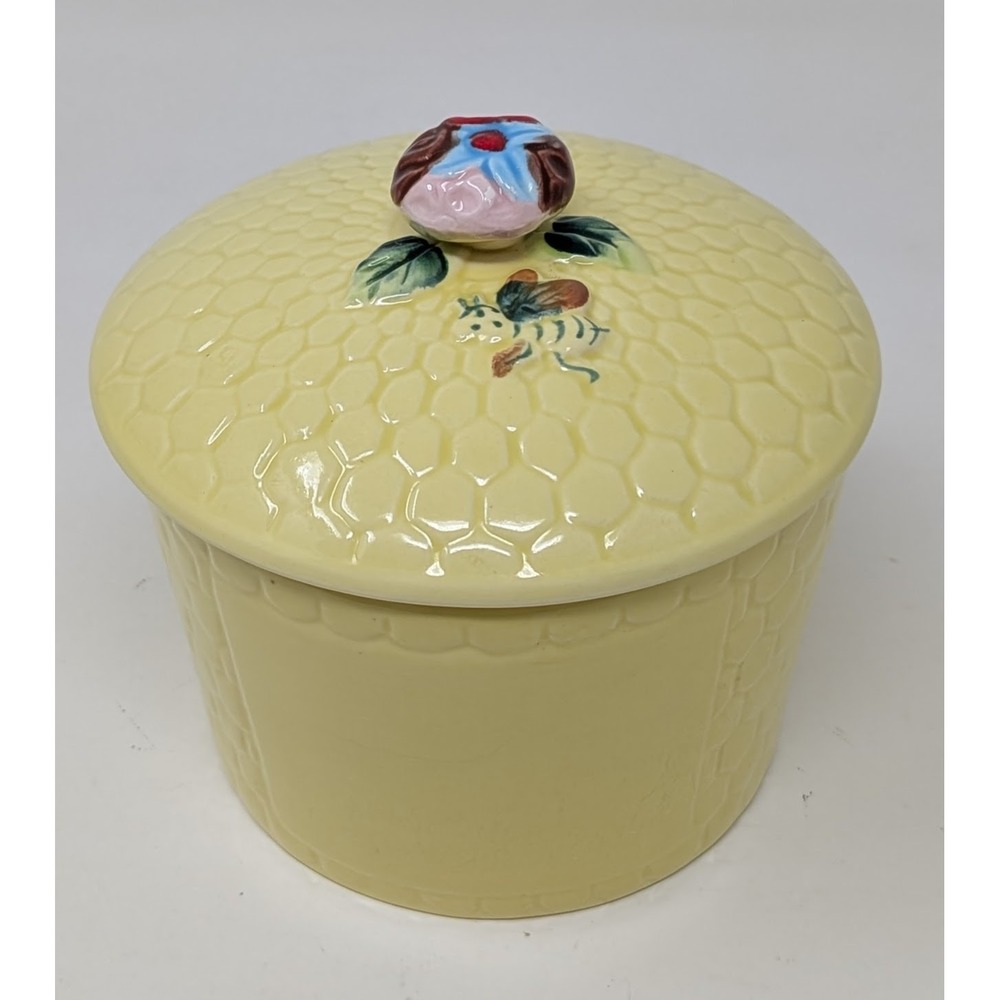 Vtg Miller's Honey Ceramic Yellow Beehive Honey Pot Jar with Lid Painted Bee